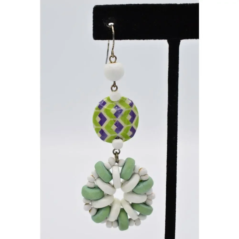 Vintage Statement Earrings Dangle Wooden Beaded Green White Funky 70s 80s 9L